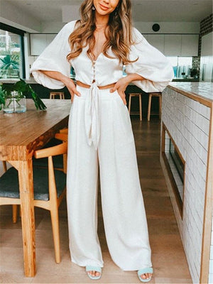 Fashion Solid Color Single Breasted Wide Leg Pants Suit