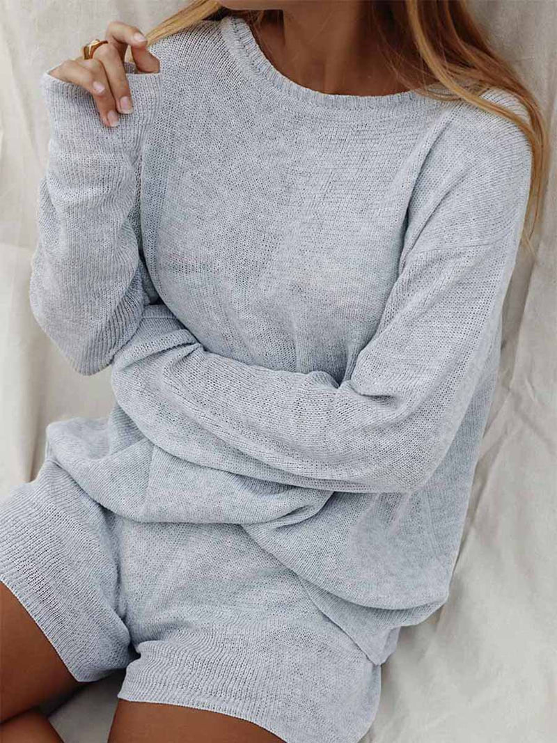 Casual Loose Knit Long Sleeve Top Shorts Two-piece Suit