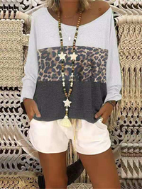 Women's Leopard Print Long Sleeve T-Shirt And Solid Color Shorts Set