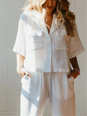 Simple Casual Loose Short Sleeve Pants Soft Linen Set