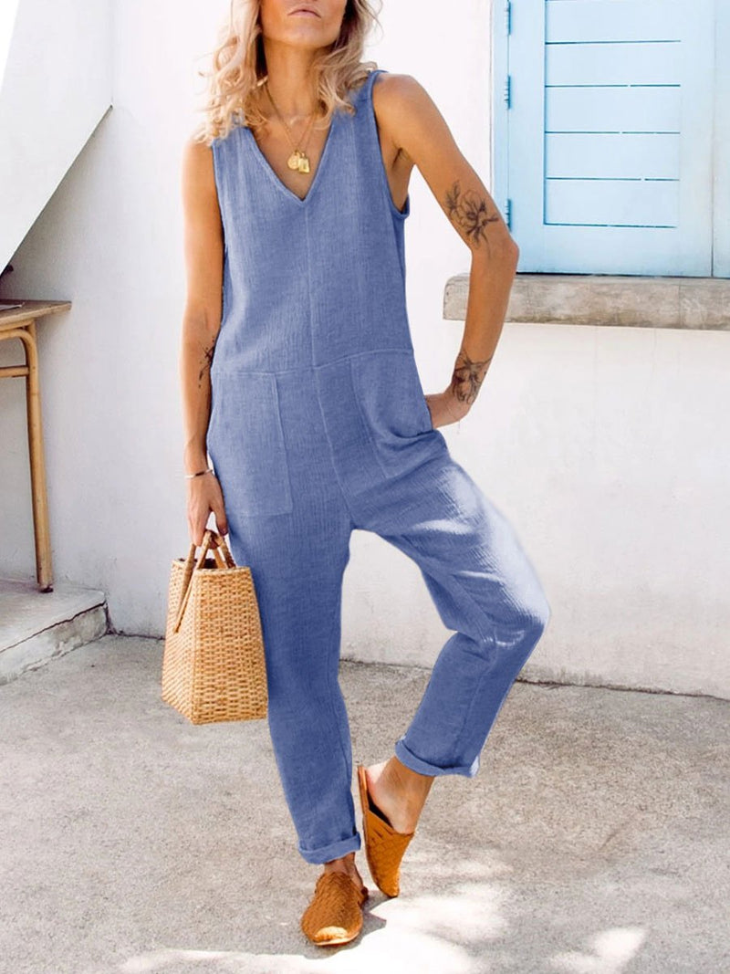 V-neck Sleeveless Solid Color Jumpsuit