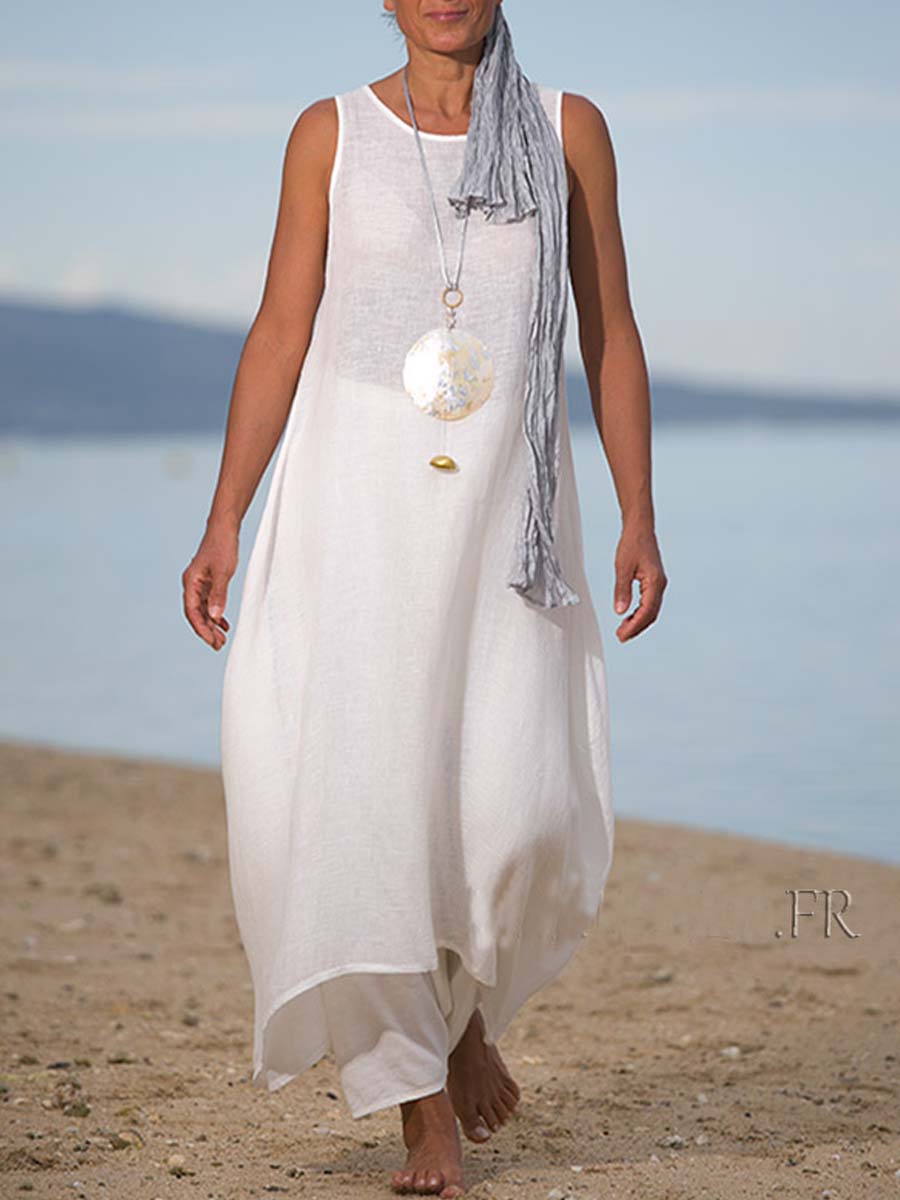 Round Neck Sleeveless Loose Cotton and Linen Suit