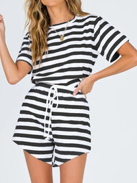 Casual Loose Striped Short Sleeve Top Shorts Two-Piece Suit