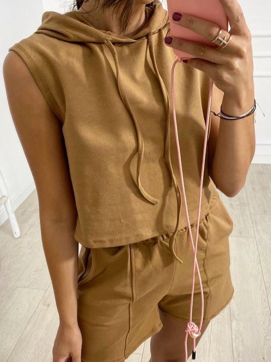 Casual Loose Solid Color Hooded Short Sleeve Two-piece Suit