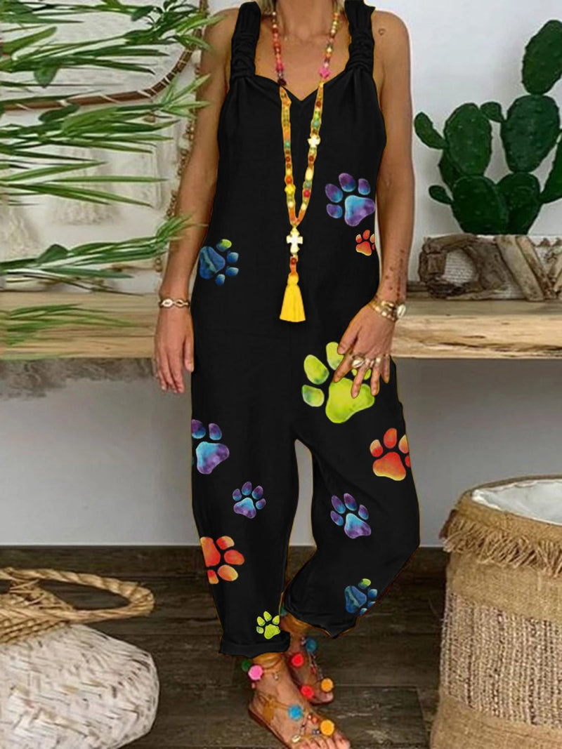 Romantic Cute Casual Loose Cat Paw Print Jumpsuit