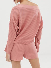 Mix Match Knitted Rib Off Shoulder Long Sleeve Top Shorts Two-Piece