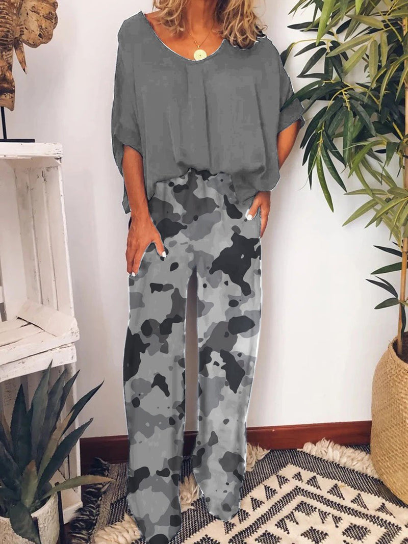 Fashionable Casual Loose Top Pants Camouflage Print Suit