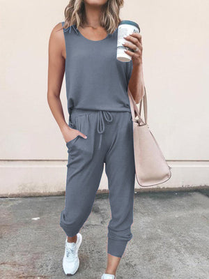 Round Neck Solid Color Sleeveless Top and Pants Suit