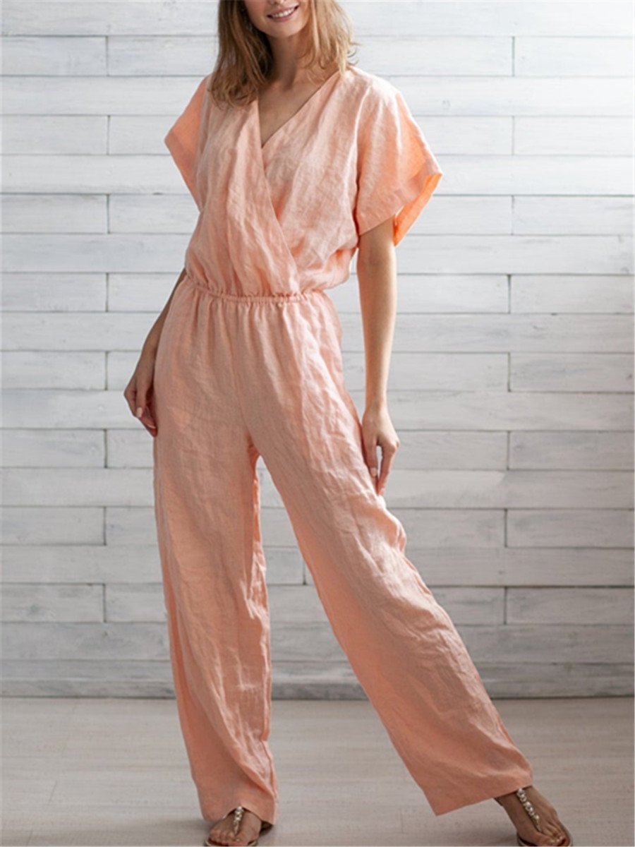 Casual Cotton And Linen Solid Cross V Neck Jumpsuits