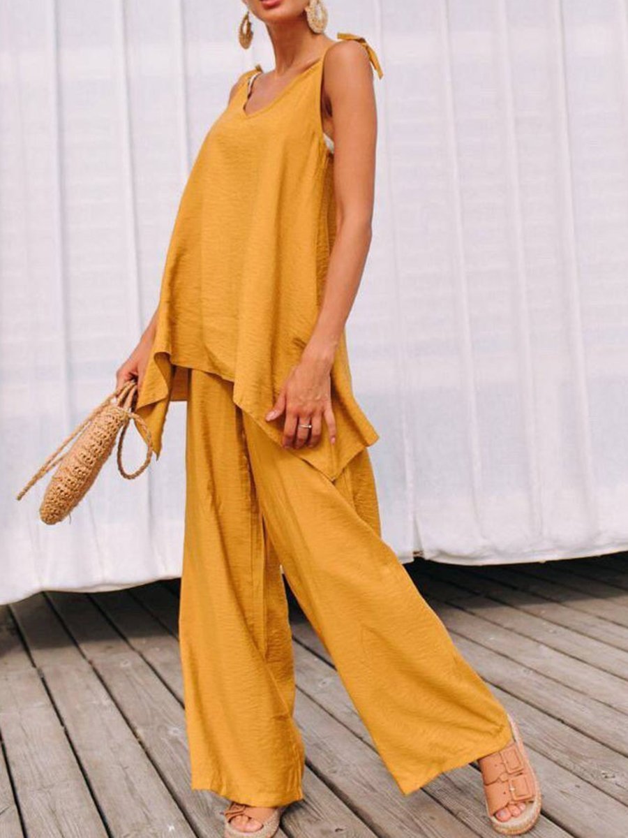 Casual Loose Solid Color Asymmetric V-neck Two-piece Suit