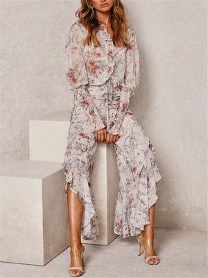 Romantic Floral Print Ruffled V Neck Sets