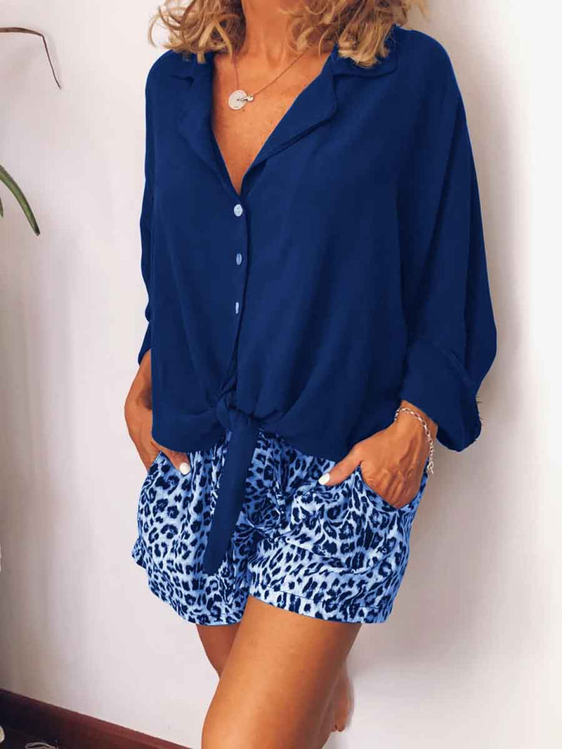 Casual Loose V-Neck Shirt Leopard Print Shorts Suit