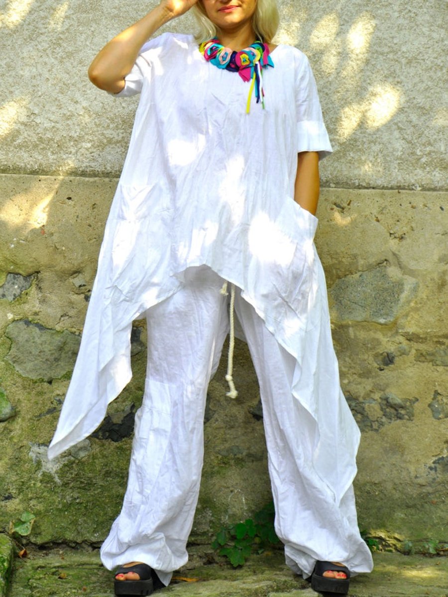 Women's White Casual Loose Linen Suit