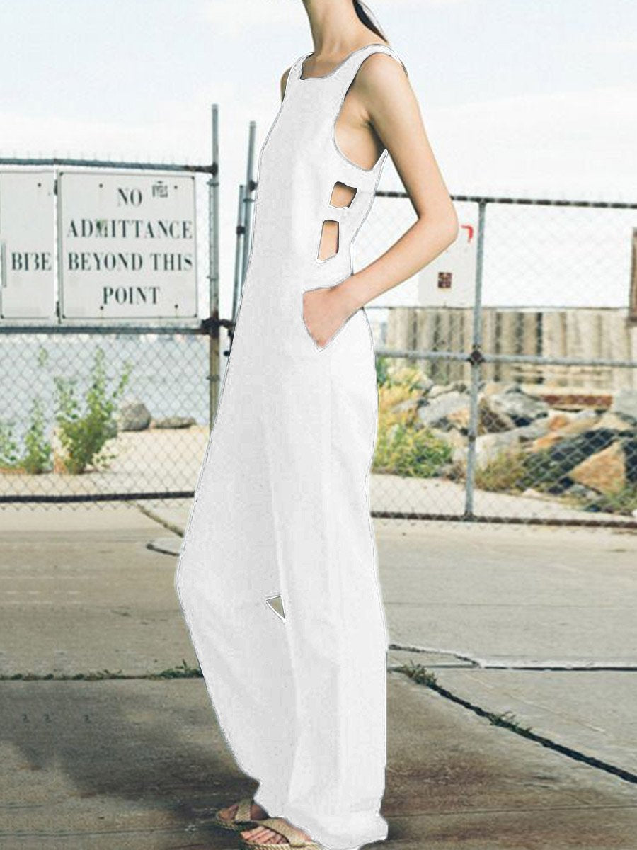 Casual Loose Solid Color Sleeveless Cutout Jumpsuit