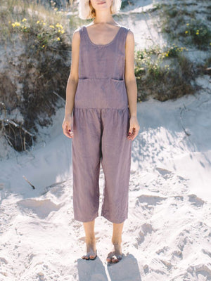 Solid Color Linen Jumpsuit with Pockets