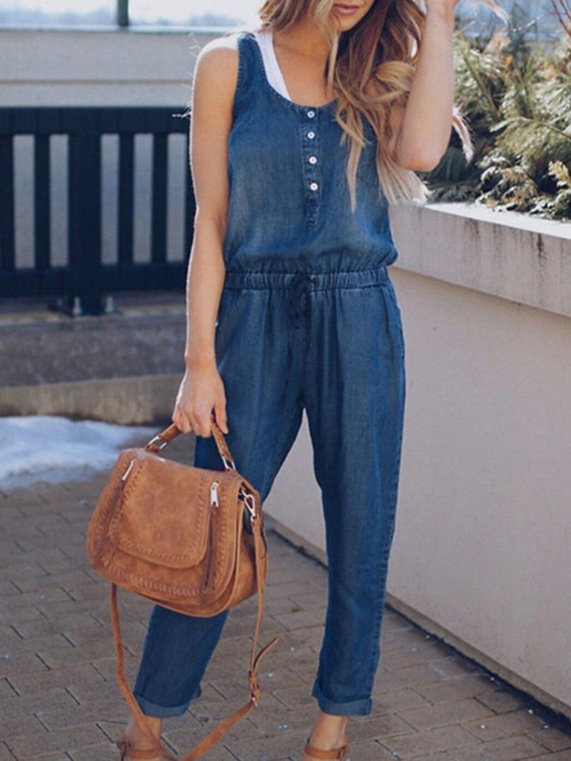 Women's Casual Drawstring Denim Sleeveless Jumpsuit