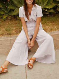 V Neck Lace-Up Linen Jumpsuit