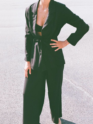 Stylish Belted Blazer Pants Two-Piece Suit