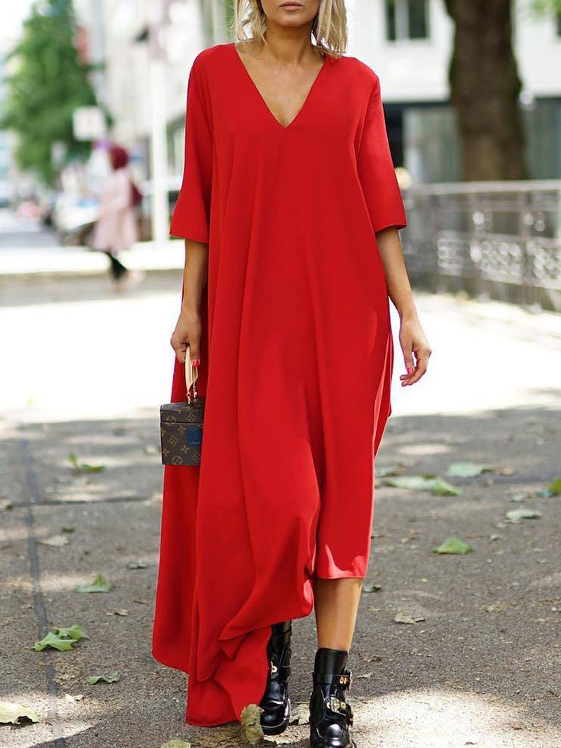 V-neck Cotton and Linen Bat Sleeve Dress