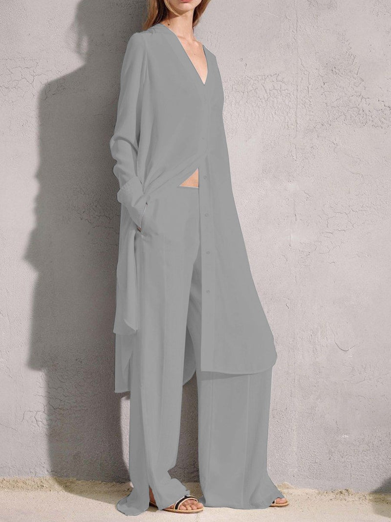 Stylish V-Neck Long Sleeve Long Loose Shirt With Wide Loose Fork Trousers Women'S Suit