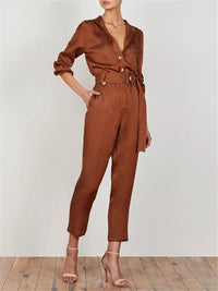 Simple Solid Color Collar Pocket Jumpsuits