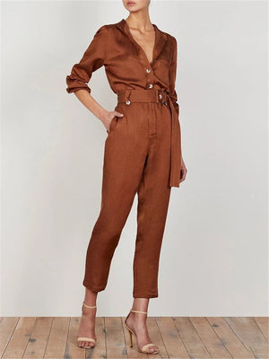 Simple Solid Color Collar Pocket Jumpsuits