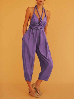 Fashion Sexy Halter Solid Color Jumpsuits