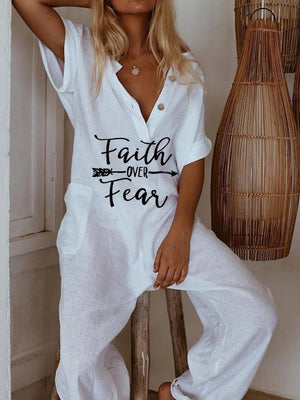 Women's Letter Printed Short Sleeve Casual Jumpsuit