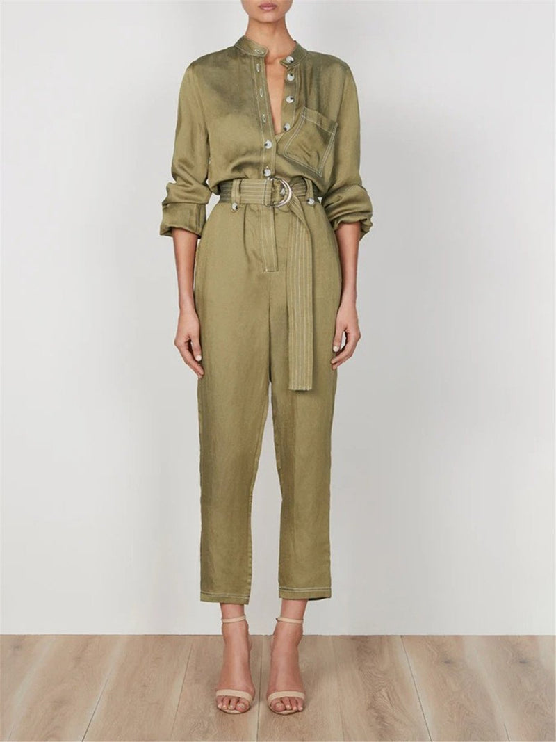 Simple Solid Color Collar Pocket Jumpsuits