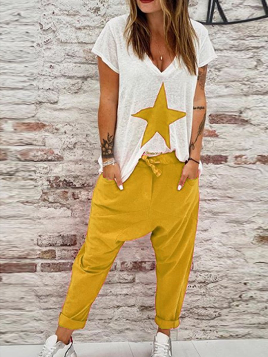 Casual Loose Star Print Short Sleeve Two-piece Suit