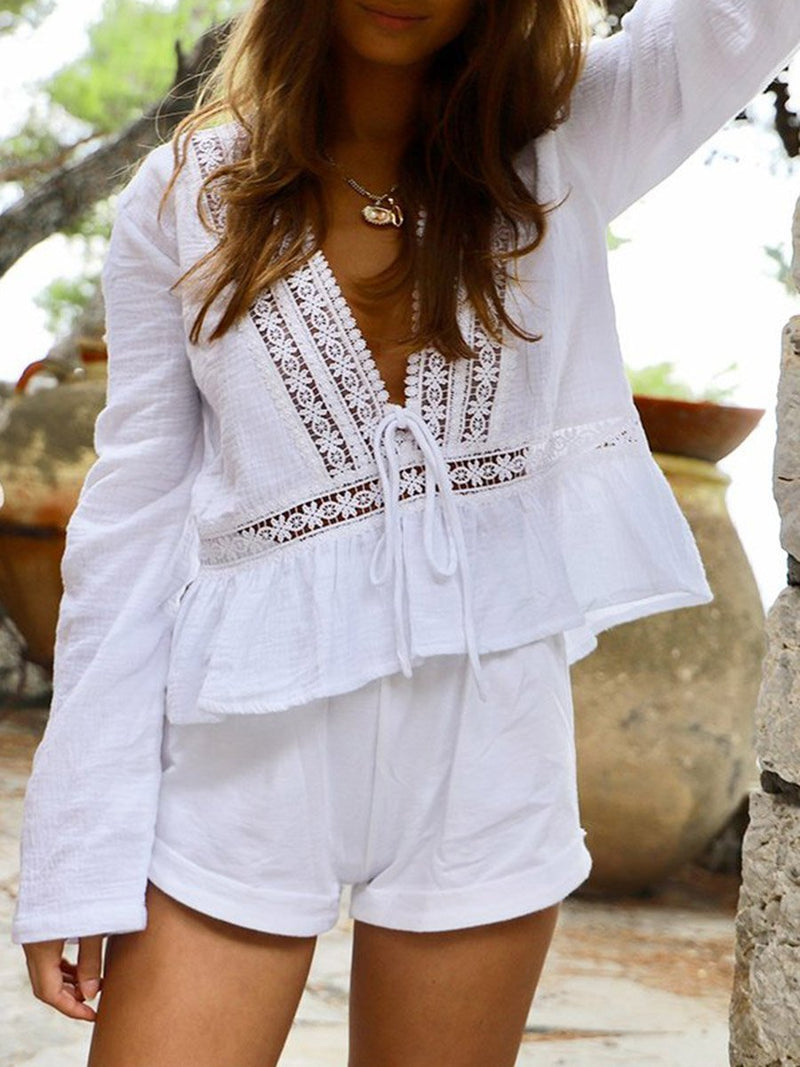 Loose Casual V-Neck Lace Top Shorts Suit