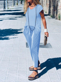 Simple casual loose short sleeve top pants suit