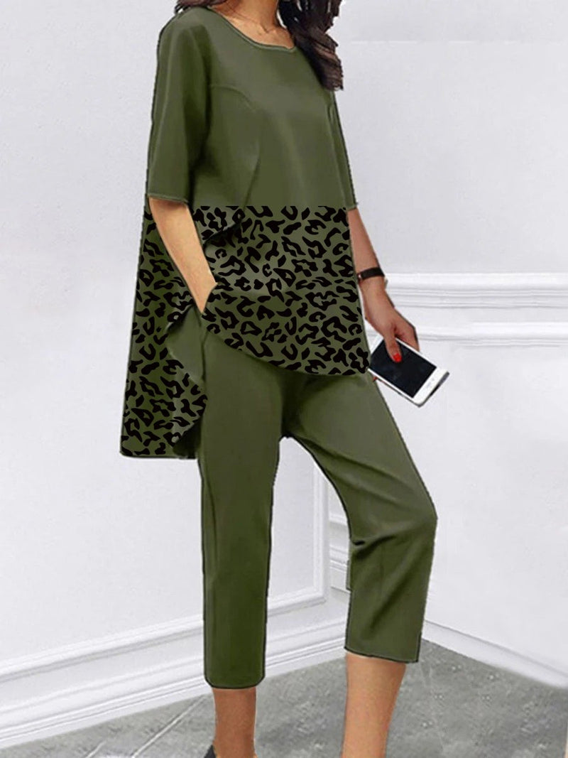 Loose Short Sleeve Casual Leopard Print Two-piece Suit