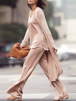 Casual Three-Piece Pure Color Sling Tops Trousers Long Coat Women's Suit