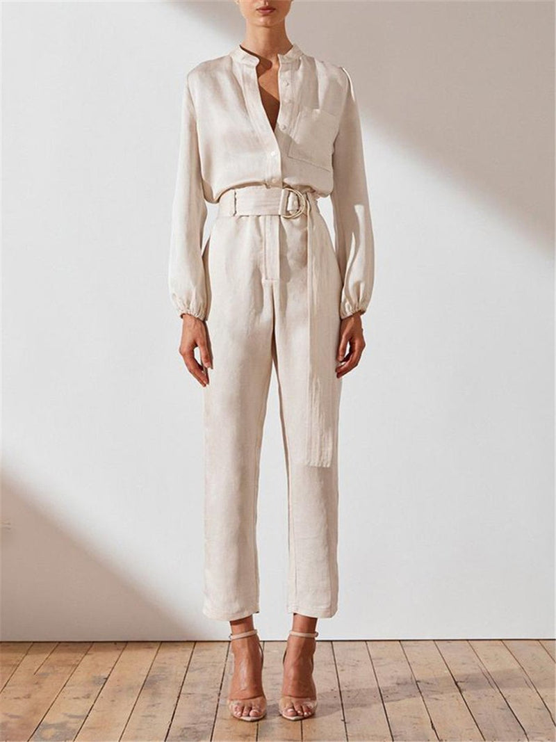 Simple Solid Color Collar Pocket Jumpsuits