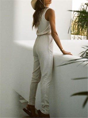 Solid Color Casual V Neck Sleeveless Jumpsuits