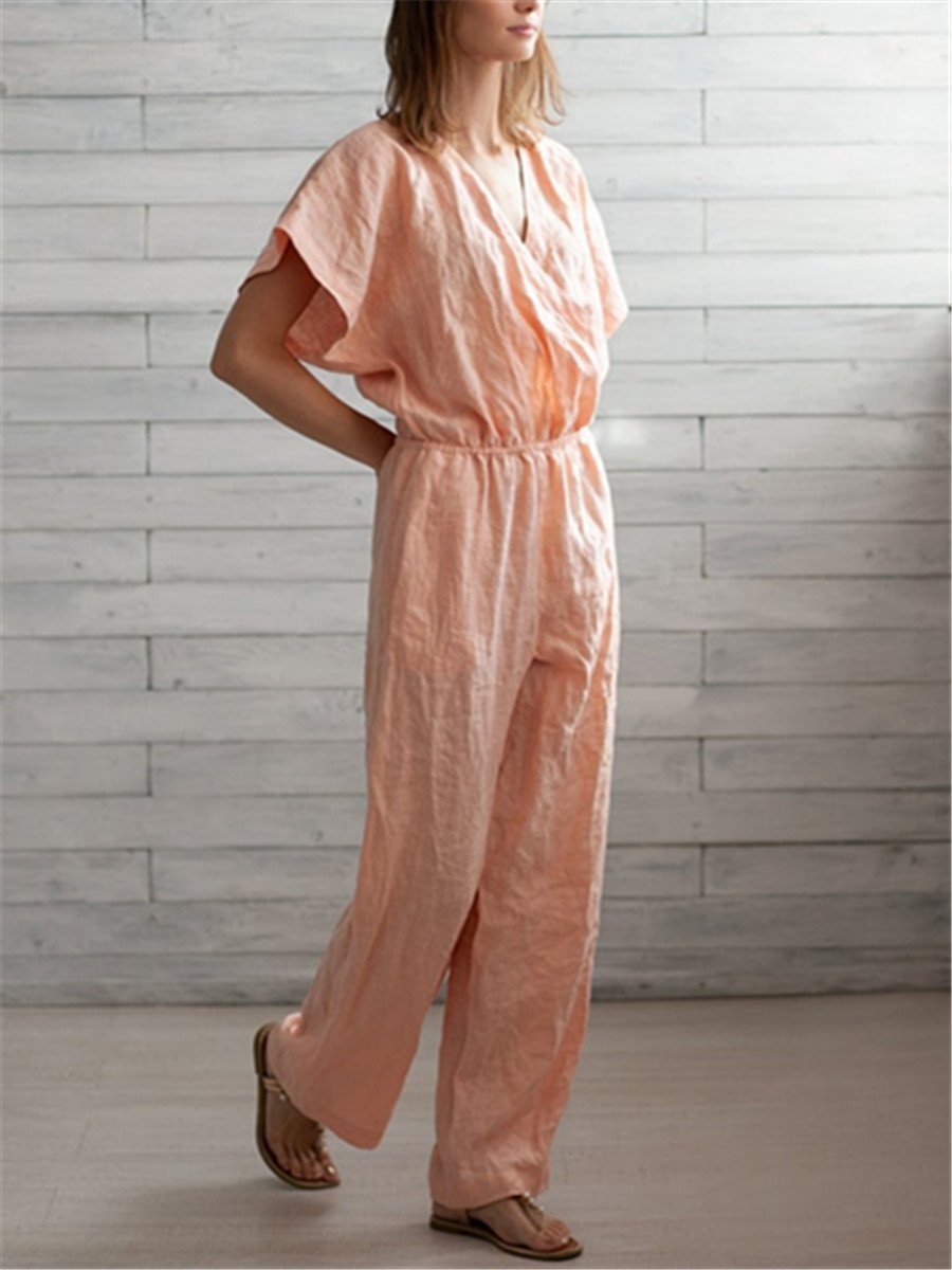 Casual Cotton And Linen Solid Cross V Neck Jumpsuits