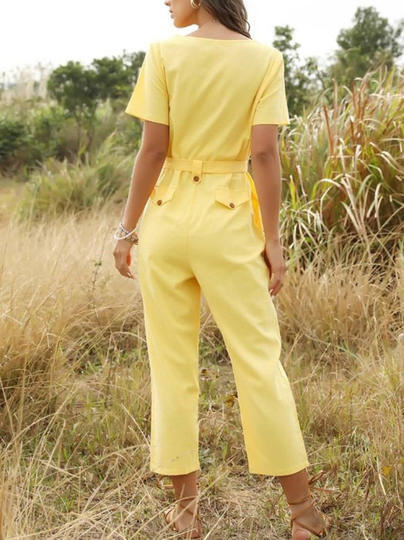 Women Button Up Pocket Tied Short Sleeve Casual Jumpsuit