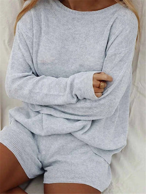 Casual Loose Long-Sleeved Top Shorts Knitted Suit