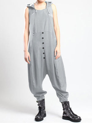 Casual Sleeveless Button Side Pocket Harem Pants Jumpsuit