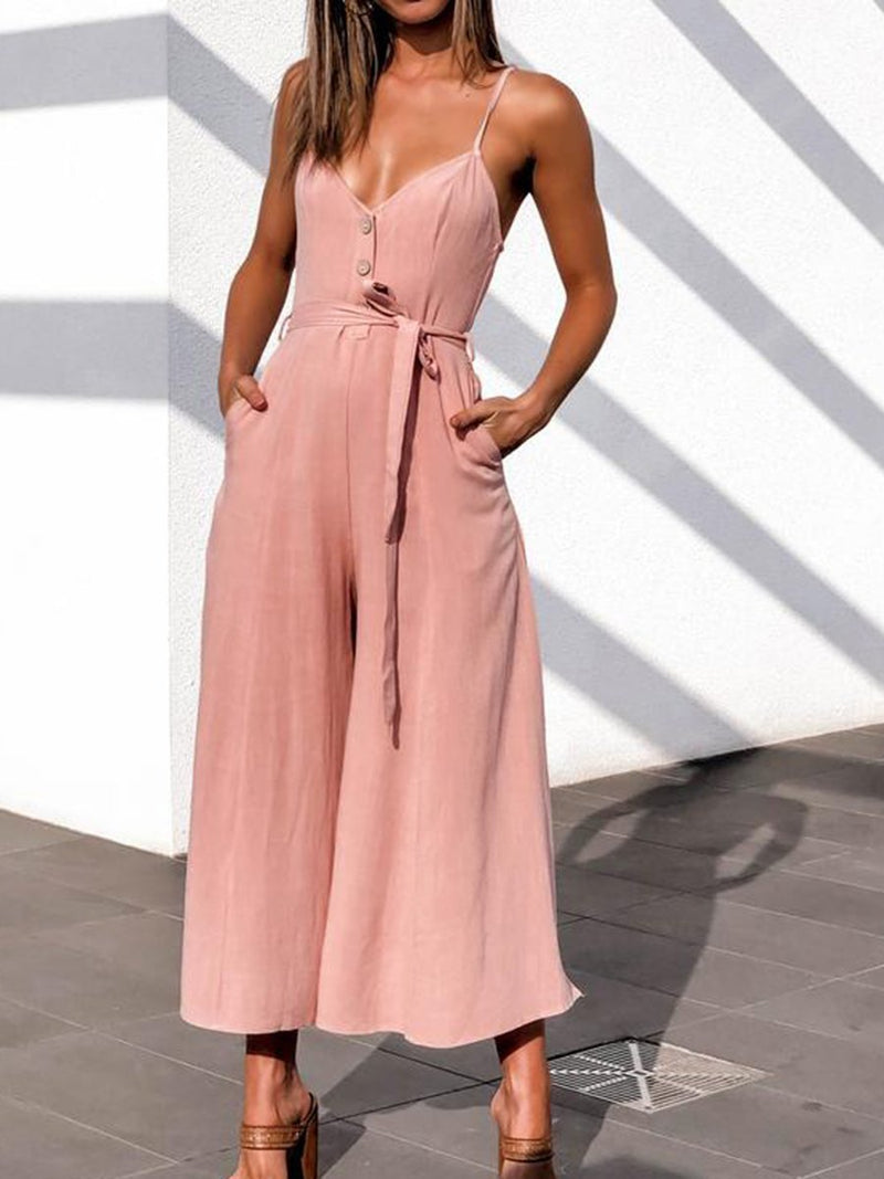 V-Neck Belt Loop Linen Pocket Jumpsuit