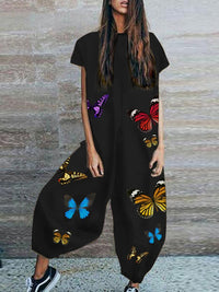 Short Sleeve Butterfly Print Jumpsuit