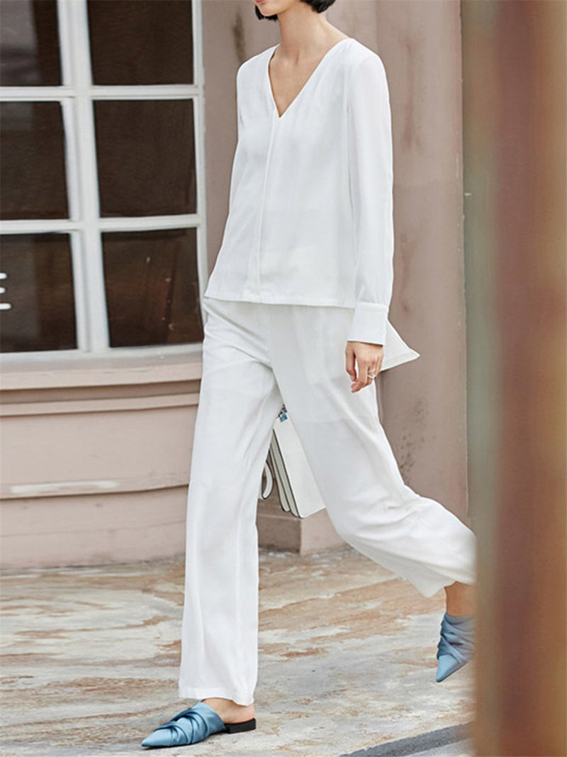 Simple Casual Loose And Comfortable V Neck Top Pants Suit