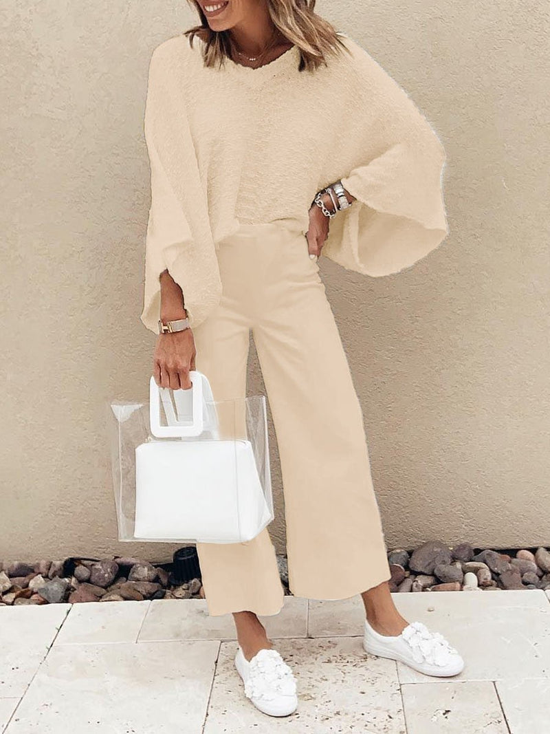 Simple Casual Loose V-Neck Top Pants Set