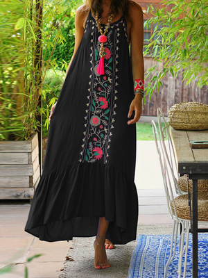 Women Bohemian Printed Straps Ruffles Hem Holiday Maxi Dress