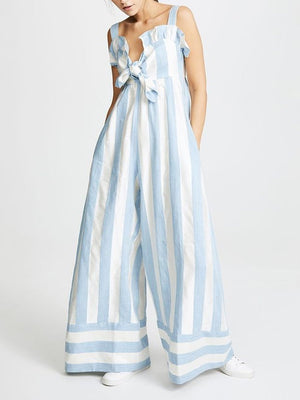 Women's Fashion Striped Ruffled Loose Linen Jumpsuit