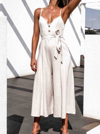 V-Neck Belt Loop Linen Pocket Jumpsuit