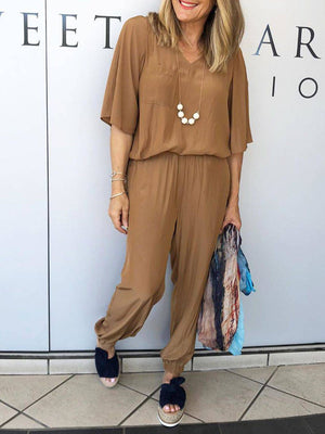 V-neck Mid Sleeve Casual Loose Suit