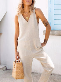 V-neck Sleeveless Solid Color Jumpsuit