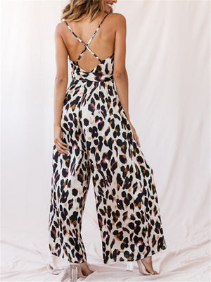 Sexy Leopard Sling Wide Leg Jumpsuits